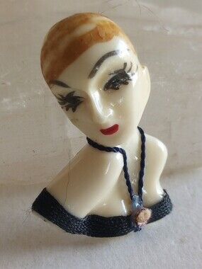 ART DECO LADY PIN BROOCH VINTAGE ENAMEL SILK